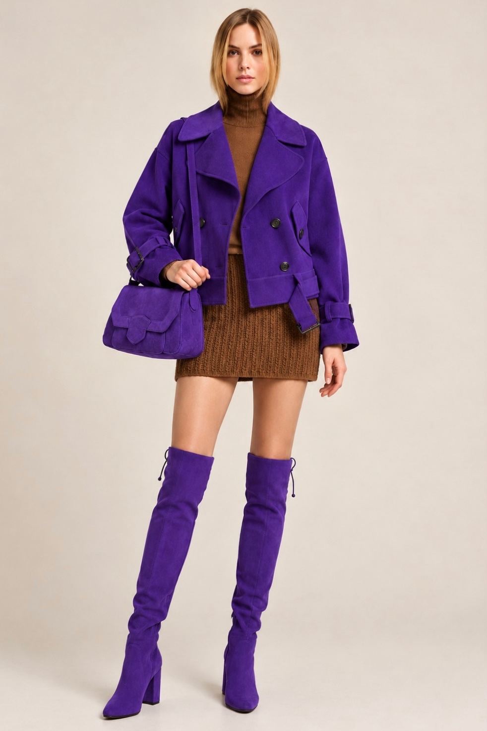 Women's violet purple custom-made thigh-high boots with round toe and high block heel- Top view